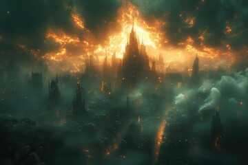 Fototapeta premium postapocalyptic cityscape crumbling skyscrapers abandoned streets dramatic lighting atmosphere of desolation remnants of civilization