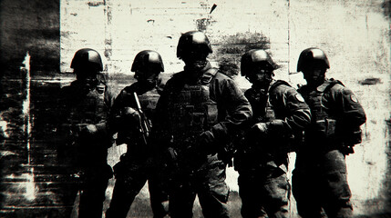 Five secret service agents standing in front of grunge wall