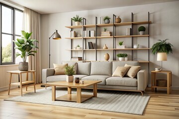 Modern minimalist living room with affordable, customizable furniture pieces, such as a sleek sofa, modular coffee