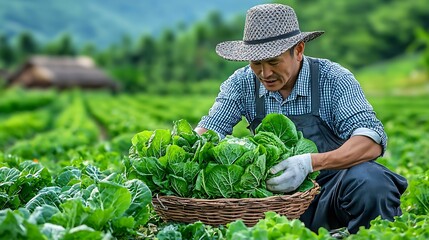 A farmer gathers fresh green lettuce from the earth, a harvest full of life and flavor.