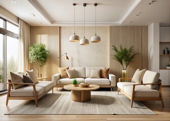 Modern minimalist living room with creamy walls, sleek line furniture, and natural textiles, showcasing a harmonious