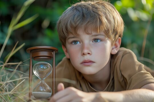 A thoughtful child gazes at an hourglass while lying in tall grass during a serene afternoon in nature