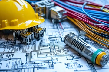 Construction site maintenance materials laid out on blueprints with wiring, tools, and a hard hat displayed clearly