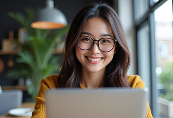 Portrait of a Beautiful Diverse Female Wearing Glasses, Using Laptop Computer, Looking at Camera and Smiling. Information Technology Specialist, Software Engineer or Developer