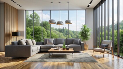 Fototapeta premium Modern minimalist living room with sleek gray sofa, floor-to-ceiling windows, and soft natural light illuminating