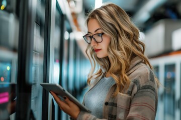 Focused IT specialist analyzes data on a tablet computer within a high-tech server room during a late afternoon session