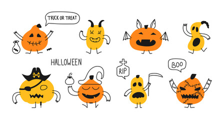Obraz premium Funny Pumpkins with arms and legs,different faces for Halloween. Cute hand drawn characters for decorating banners, posters, holiday event. Death scythe, bat, wizard bottle of magic elixir, pirate