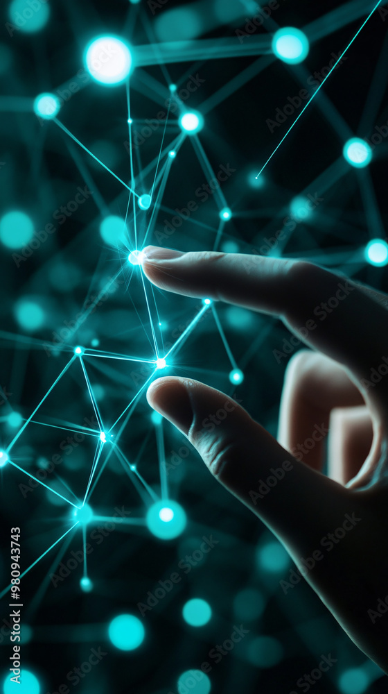 Aufkleber businessman is touching a futuristic glowing network connection on a dark background