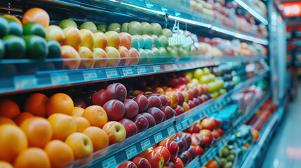 Colorful display of fresh fruits neatly arranged in a supermarket aisle, showcasing variety and promoting healthy eating choices.