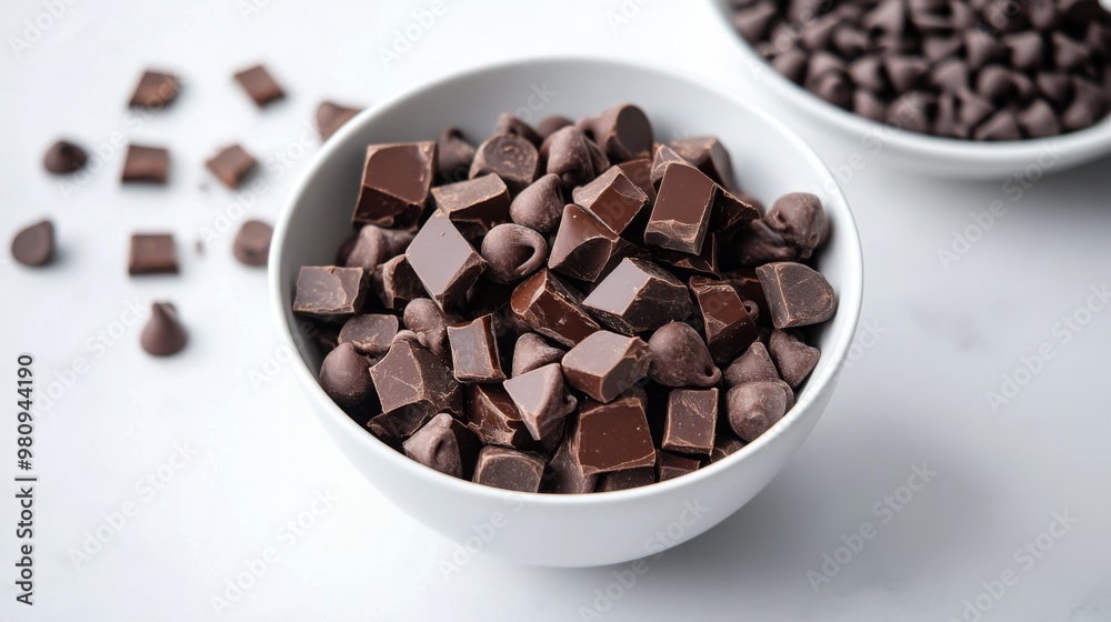 Poster a bowl of chocolate chips and chunks on a white countertop, ready for baking or snacking, showcasing