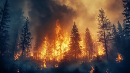 A burning forest, with trees engulfed in flames and thick smoke filling the sky, highlighting the increase in wildfires linked to global warming.