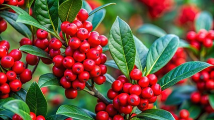 Fototapeta premium Delicate green leaves and radiant red berries of the winterberry holly combine to create a breathtaking sight in