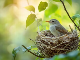 A Small Bird Perched on a Nest in a Lush Green Tree, Capturing the Serenity of Nature, with Warm Sunlight Filtering Through the Branches.