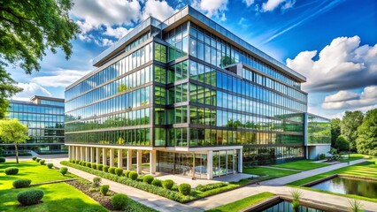 Obraz premium Modern office building with a sleek glass façade and contemporary architecture, surrounded by lush greenery, conveying