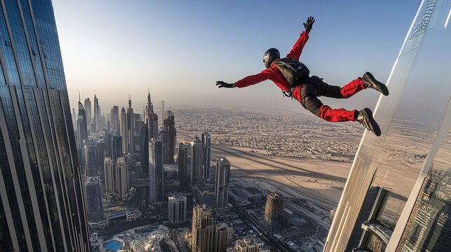A thrill-seeker in a red suit base jumps from a skyscraper, showcasing an adrenaline-fueled urban adventure.
