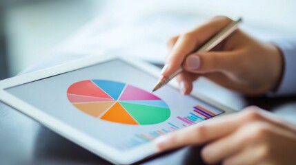 Fototapeta premium A business professional analyzing a colorful pie chart on a tablet, showing various financial distributions and allocations, in a clean and organized workspace.