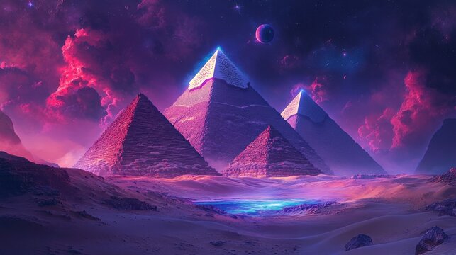 Surreal Pyramids Under a Cosmic Sky