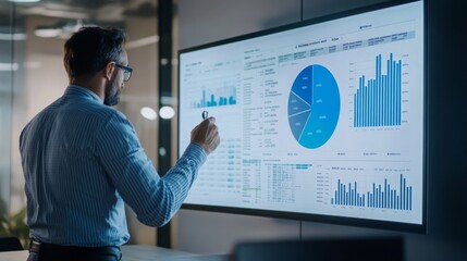 A business professional reviewing a large pie chart on a wall-mounted screen, focusing on financial allocations and performance metrics in a modern conference room