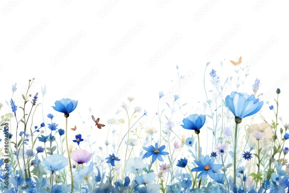 Sticker minimal horizontal blue flower garden with shape edge in bottom border outdoors painting pattern.