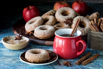 A pile of homemade chia orchard donuts with a donut on a plate in front.