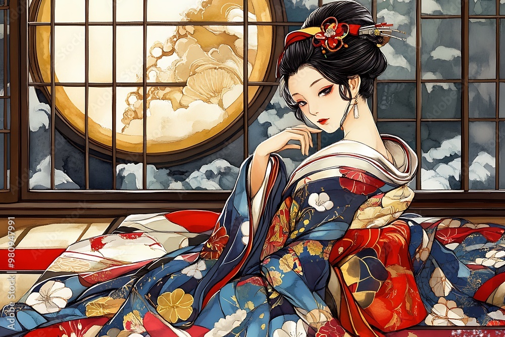 Canvas Prints Japanese Woman in Traditional Kimono by a Window.