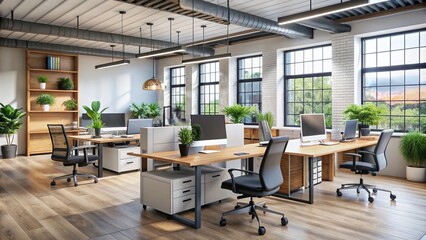 Modern office space with gently used desks, ergonomic chairs, and metal filing cabinets, showcasing a second-hand