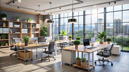 Modern office space with sleek, customizable desks, ergonomic chairs, and modular shelving units, offering flexibility
