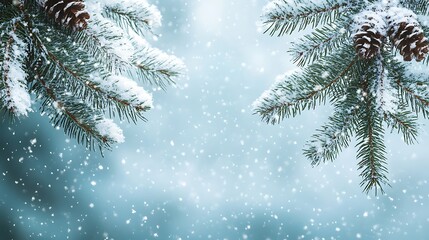 A serene winter scene with snow-covered pine branches against a soft blue background.