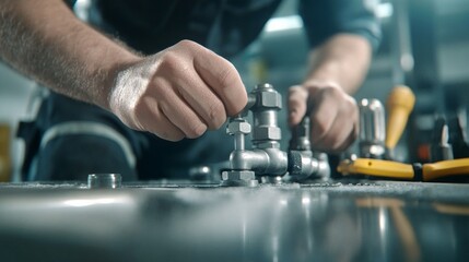 A close-up of a plumbers hands as he works with metal pipes and fittings in a workshop
