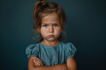 Little Girl with Pout and Folded Arms Against Dark Background