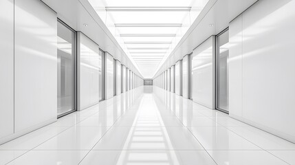 Sleek white corridor with clean geometric lines and a glass ceiling, exhibiting natural light and polished floor tiles, presenting a futuristic interior design perspective.