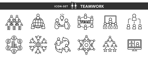 仕事や学校で…チームワーク、ネットワークなどのアイコン・ピクトのデザイン素材セット