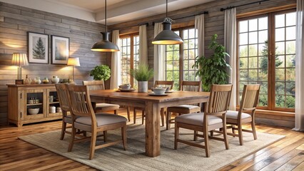 Modern rustic dining set with sturdy wooden chairs and a rectangular table in a cozy, inviting room with - Powered by Adobe