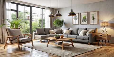 Fototapeta premium Modern Scandinavian-inspired living room with sleek wooden coffee table, minimalist sofas, and stylish lighting,