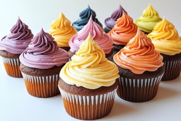 rainbow swirl cupcakes arranged in color spectrum glossy frosting peaks pure white background indulgent treat display