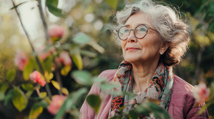 attractive and stylish elderly woman knzvn stands against the background of a blooming garden and smiles thoughtfully