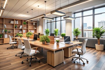 Modern sleek office space with stylish ergonomic chairs, wooden desks, and storage units, illuminated by natural light,
