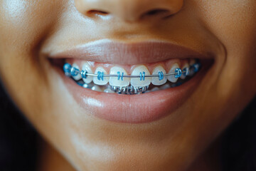 Obraz premium Young girl smiling confidently with braces showing vibrant colors and clear braces in a cheerful dental office environment