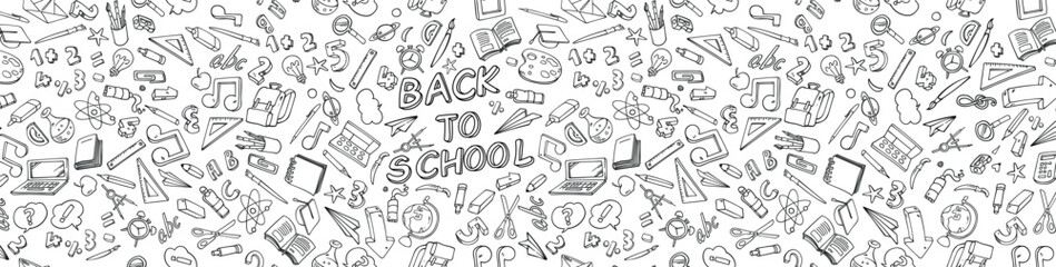 Hand drawn Banner Back to school doodle set of elements. School object collection. vector illustration