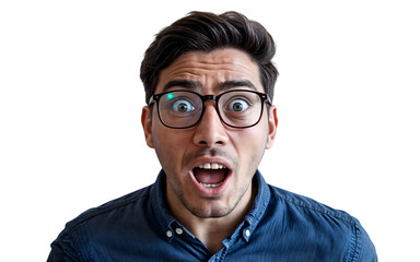 shocked and surprised young man wearing glasses, open mouth expression, isolated on PNG transparent background, emotional facial expression showing disbelief or surprise, close-up portrait
