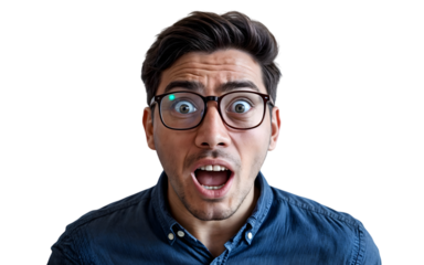 shocked and surprised young man wearing glasses, open mouth expression, isolated on PNG transparent background, emotional facial expression showing disbelief or surprise, close-up portrait