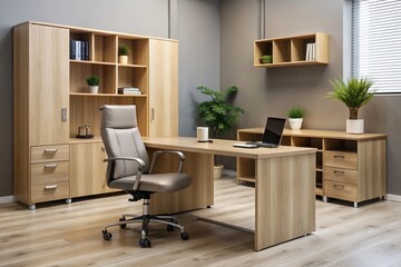 Modern three-piece office furniture set consisting of a sleek desk, ergonomic chair, and tall storage cabinet in a