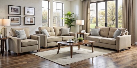 Fototapeta premium Modern three-piece living room furniture set featuring a sleek sofa, loveseat, and armchair in a neutral-toned fabric,