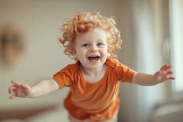 Fototapeta premium Joyful Morning Leap: Happy Child Jumping Indoors 