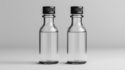 Two clear glass bottles with black lids. The bottles are empty and sitting on a white surface