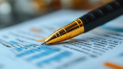 Fototapeta premium A pen is on a piece of paper with numbers and graphs. The pen is black and gold