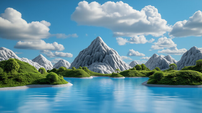 a mesmerizing land-scape with 3D mountains and revers