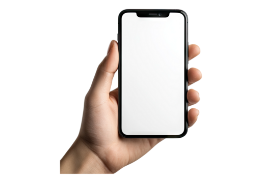 Hand holding smartphone. Transparent background, Isolated PNG.