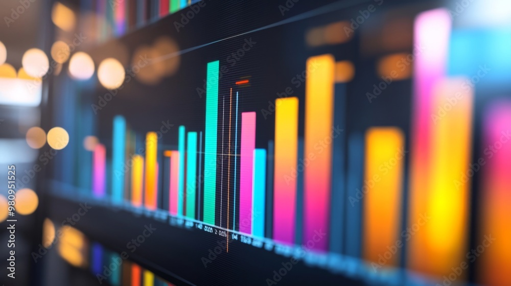 Poster a close-up of a financial bar chart on a computer screen, showing different data categories with col