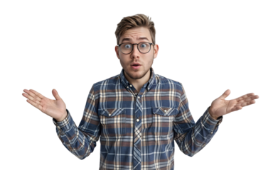 surprised young man with hands raised in confusion, wearing glasses and a plaid shirt, expressing bewilderment or shock, isolated on a transparent background